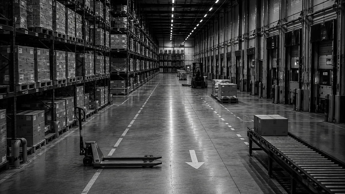 Warehouse met stellingen vol pallets, een pompwagen op de vloer en laaddocks op de achtergrond