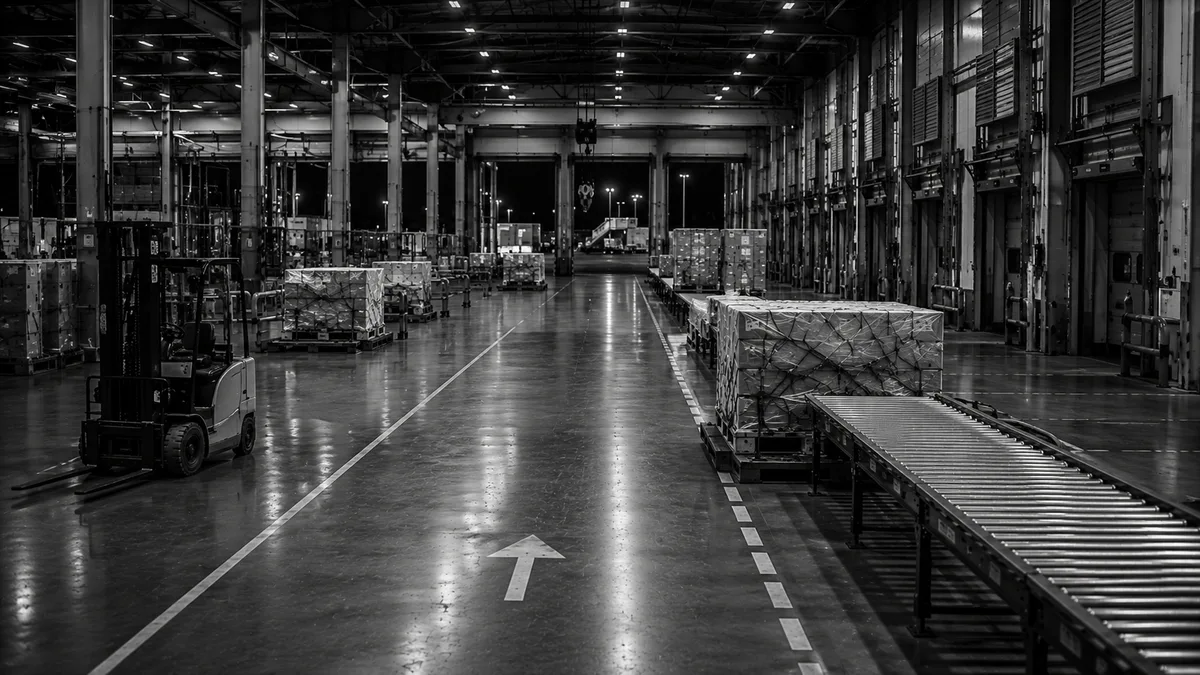 Luchtvrachtterminal in de avond met omwikkelde pallets, een heftruck en laaddocks
