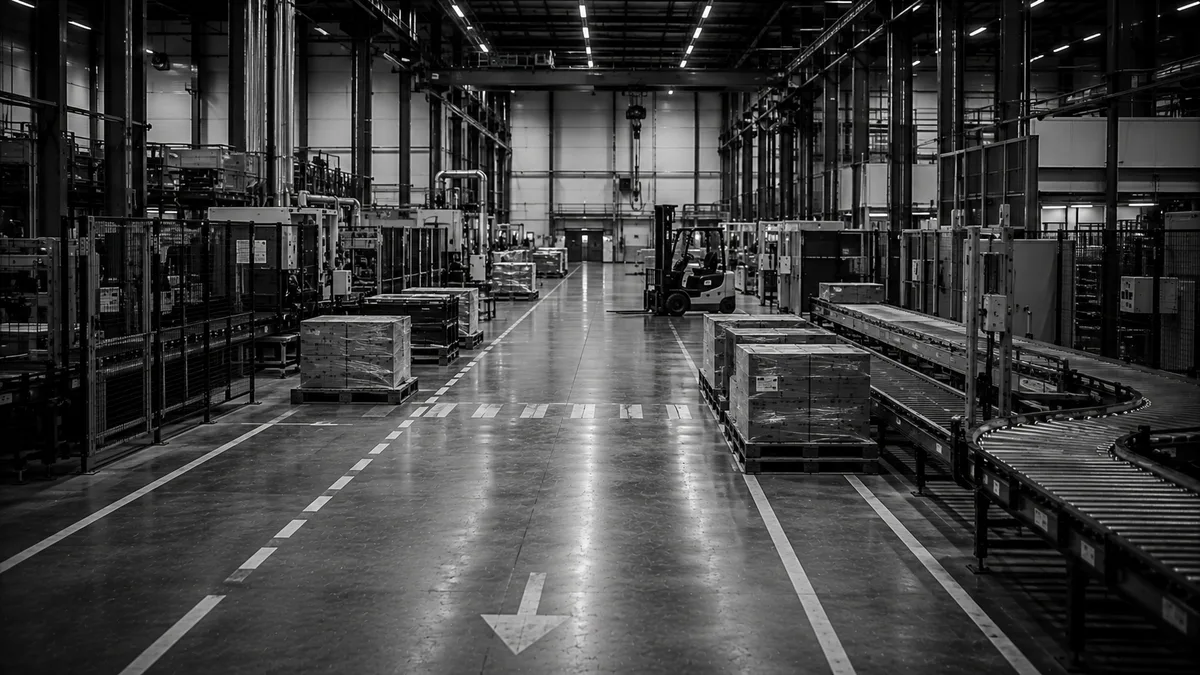 Productiehal met geautomatiseerde machines, een heftruck en pallets langs de transportlijn