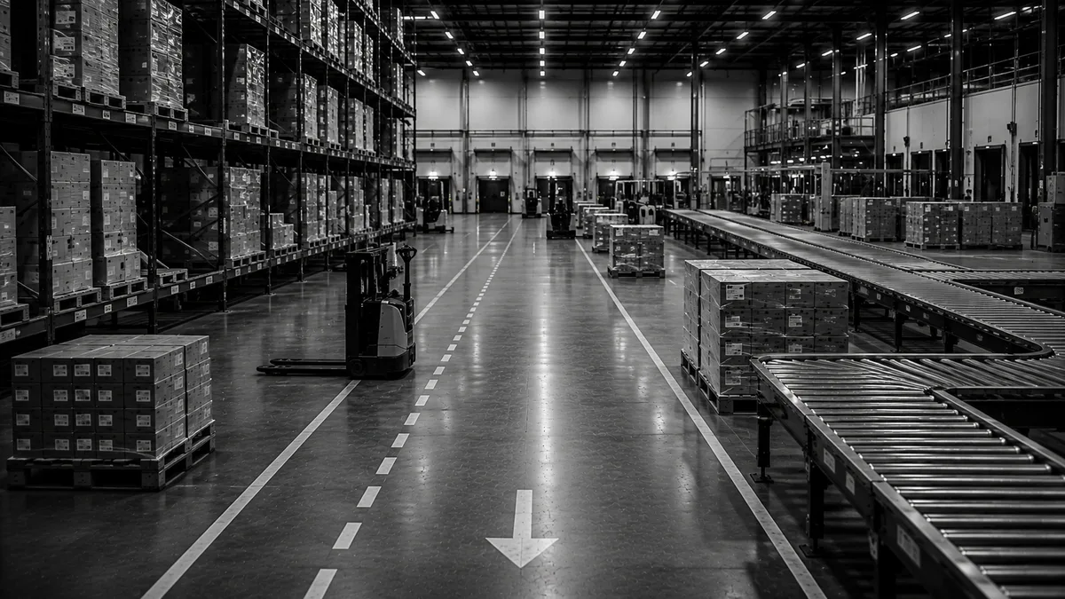 Grote distributiehal met stellingen vol dozen, een heftruck en transportbanden