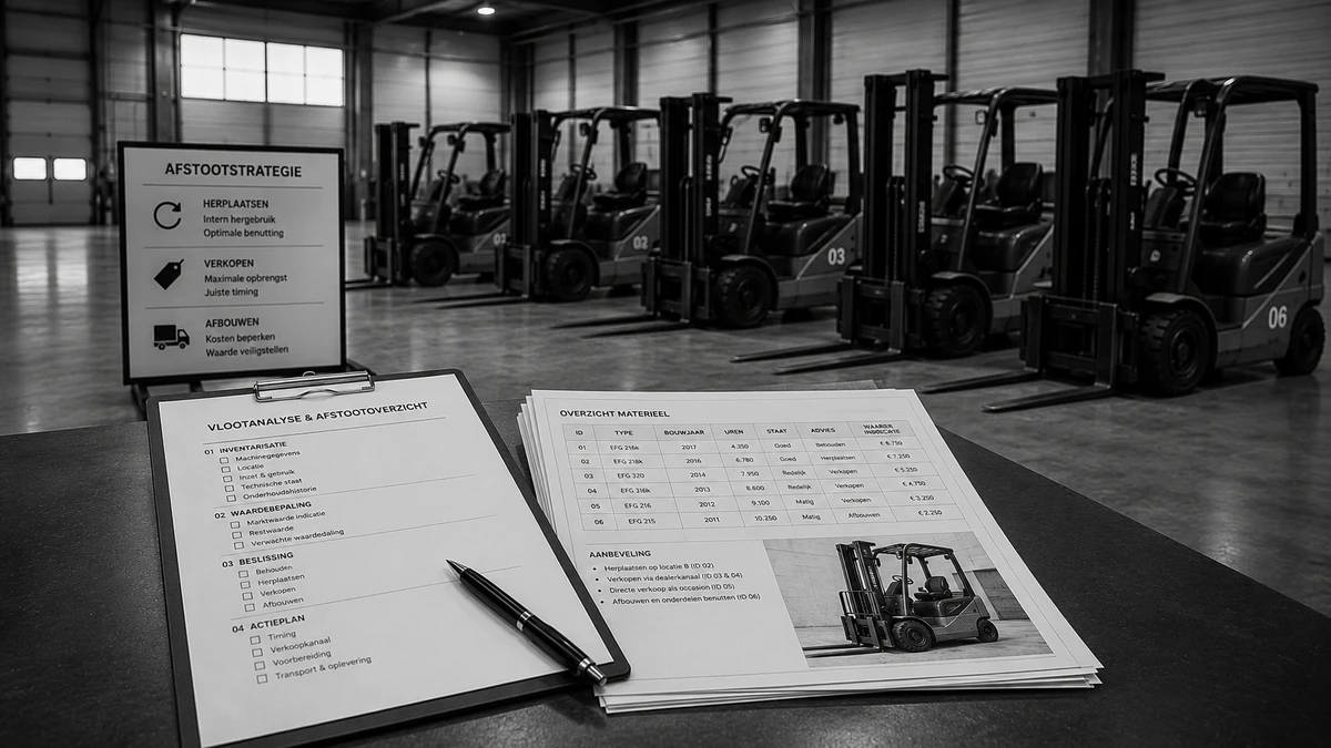 Genummerde heftrucks op een rij met een informatiebord over afstootstrategie en een overzicht van materieelwaardering