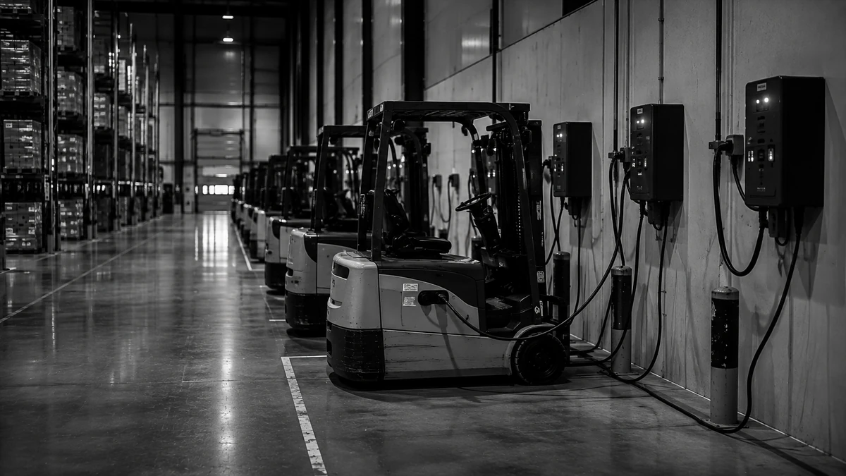 Elektrische heftrucks opgesteld langs een laadwand met meerdere laadstations in een warehouse