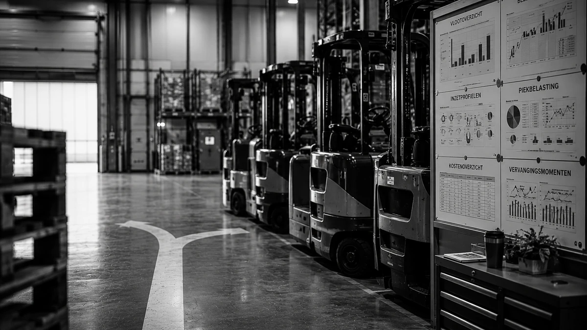 Rij heftrucks in een warehouse naast een informatiebord met vlootoverzicht, bezettingsgraad en piekbelasting
