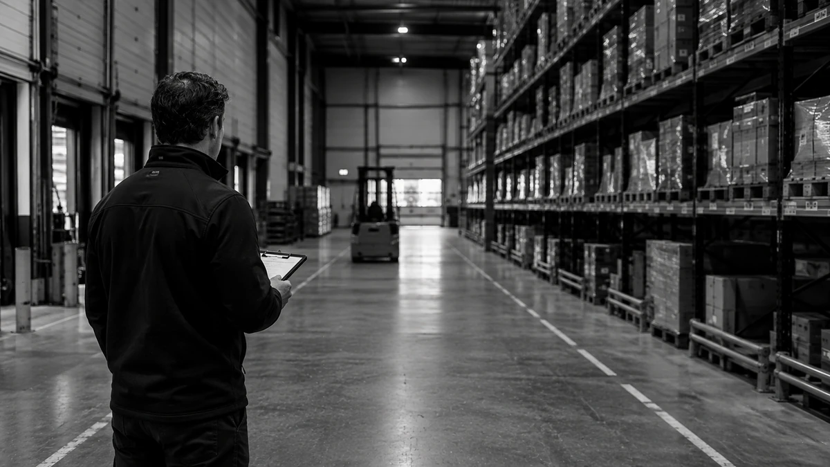 Adviseur observeert met een klembord de gangpaden van een warehouse, heftruck op de achtergrond