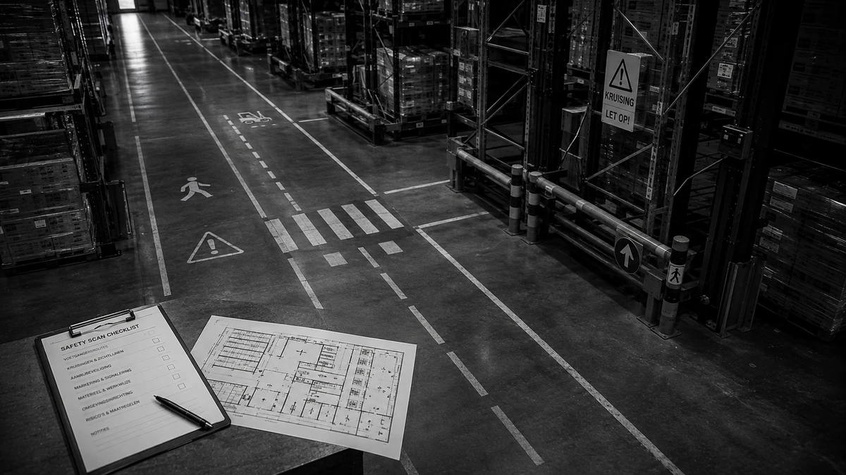 Safety scan checklist en plattegrond op de vloer van een warehouse bij een gemarkeerde voetgangersoversteek en kruisingsbord