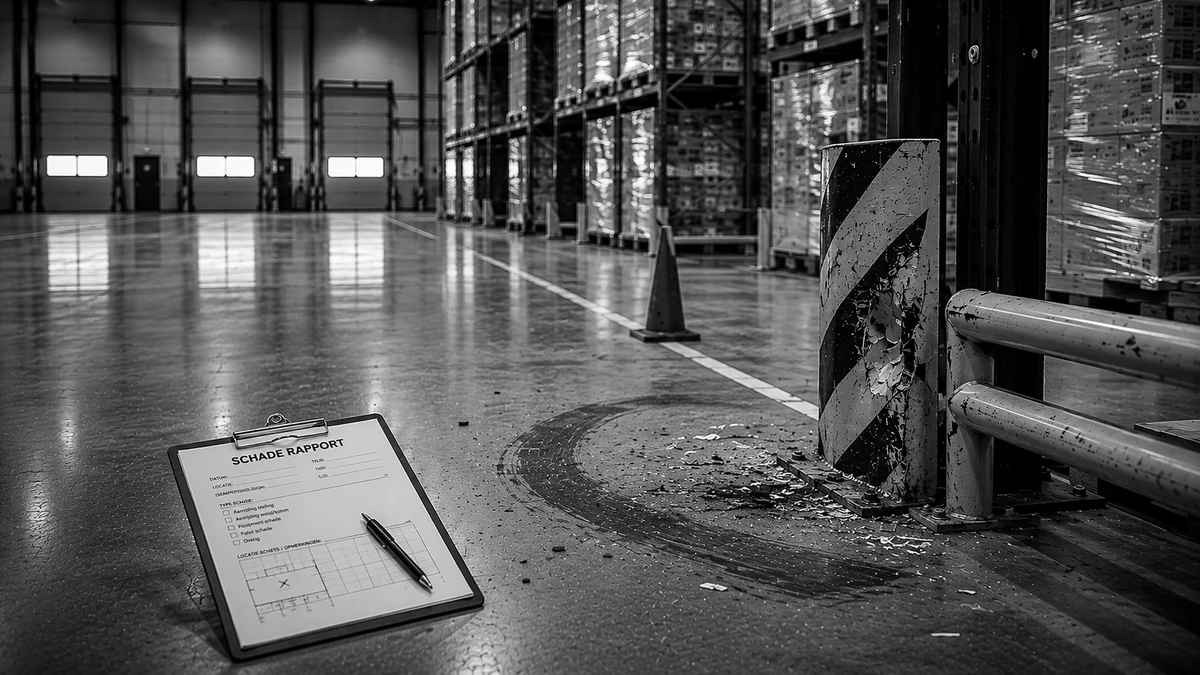 Schaderapport op een klembord bij een beschadigd stellingprofiel in een warehouse