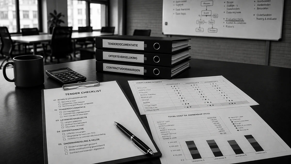 Tenderchecklist en offertevergelijking op een tafel met ordners voor tenderdocumentatie in een vergaderruimte