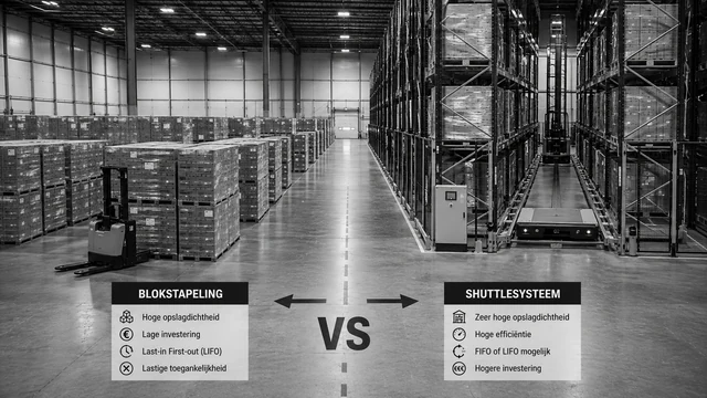 Blokstapeling van pallets naast een geautomatiseerd pallet shuttlesysteem in de stelling, vergelijking van twee opslagmethoden