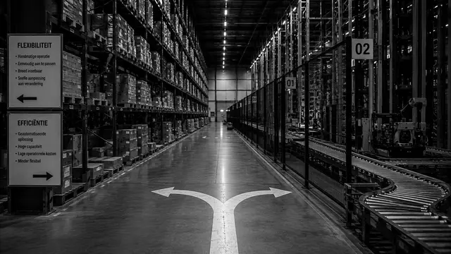 Automated warehouse with very-narrow-aisle trucks and racking