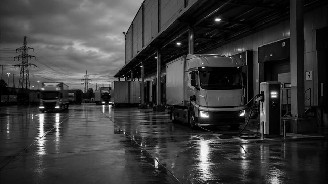 Elektrische vrachtwagen aan een DC-snellader bij de laaddocks van een distributiecentrum, met hoogspanningsmasten op de achtergrond