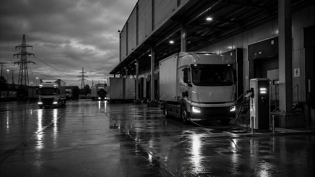 Elektrische vrachtwagen aan een DC-snellader bij de laaddocks van een distributiecentrum, met hoogspanningsmasten op de achtergrond