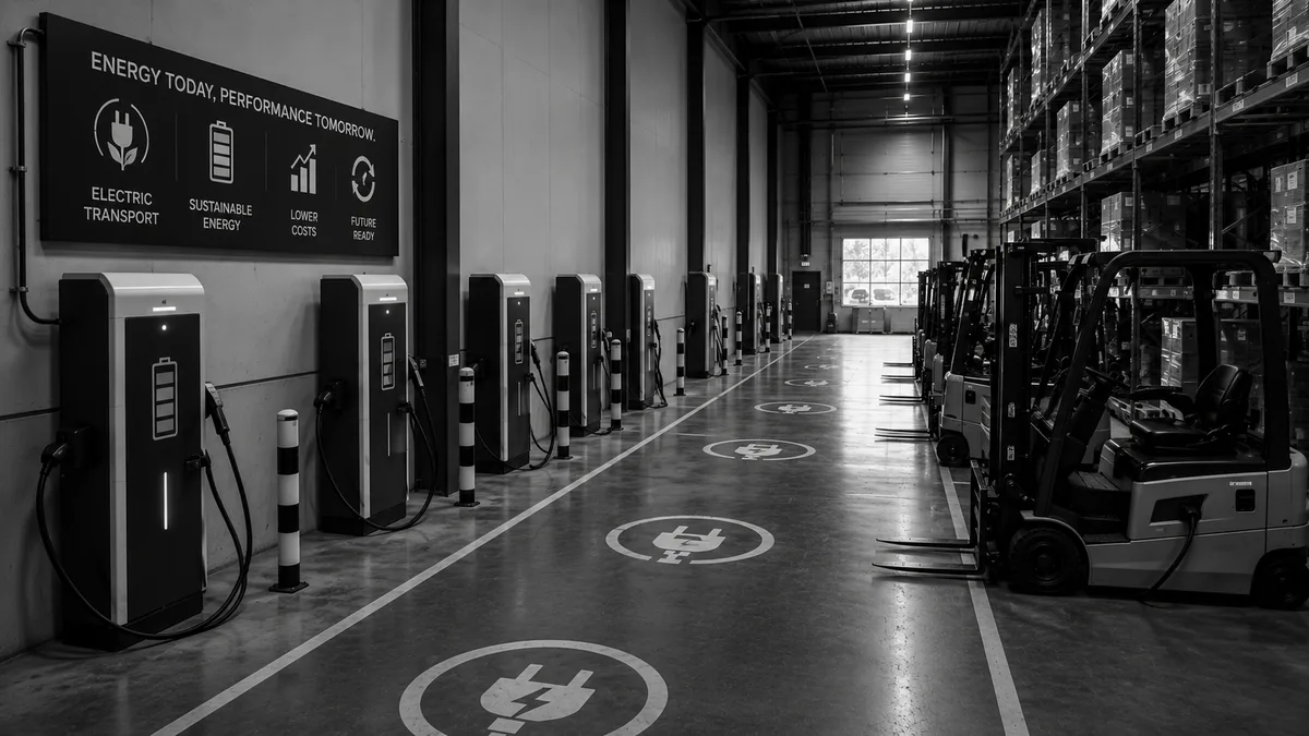 Row of charging stations for electric forklifts along a warehouse wall