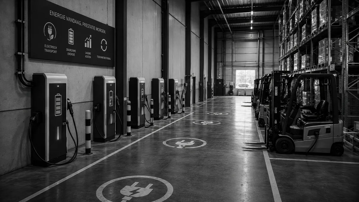 Rij laadstations voor elektrische heftrucks langs de wand van een warehouse