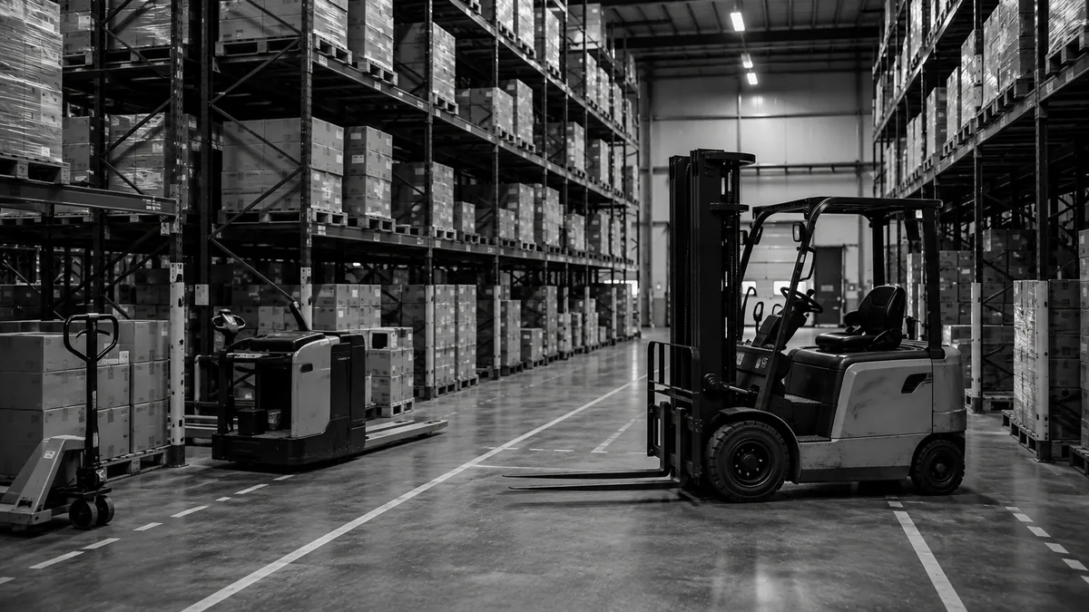 Heftruck aan het werk tussen hoge stellingen in een warehouse