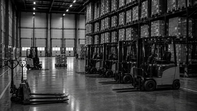 Rij heftrucks van verschillende typen naast elkaar in een warehouse, met pallettrucks op de voorgrond