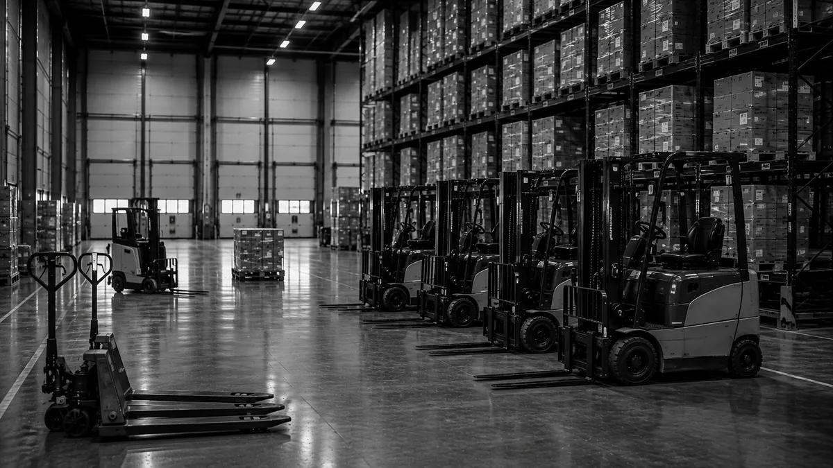 Rij heftrucks van verschillende typen naast elkaar in een warehouse, met pallettrucks op de voorgrond
