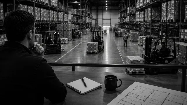 Person observing a warehouse with several forklifts, with a notepad and floor plan on the table