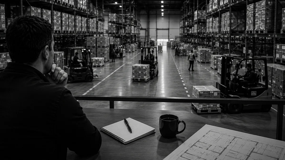 Person observing a warehouse with several forklifts, with a notepad and floor plan on the table
