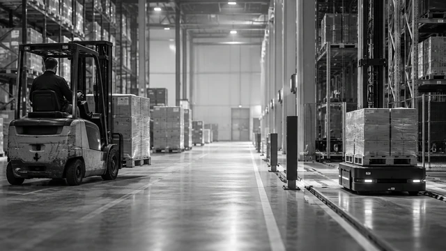 Heftruck met bestuurder en een automatisch geleid voertuig met pallet in dezelfde gang van een warehouse