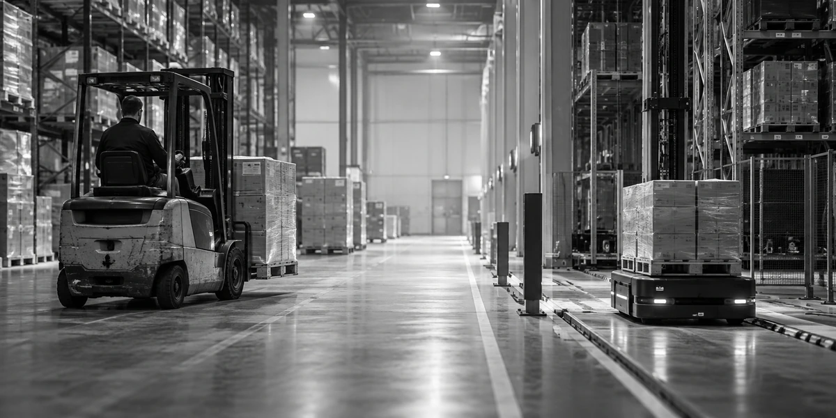 Heftruck met bestuurder en een automatisch geleid voertuig met pallet in dezelfde gang van een warehouse