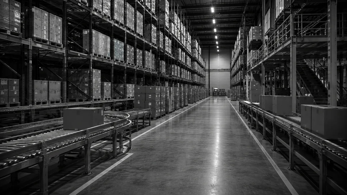 Magazijngang met hoge stellingen vol pallets en een rollenbaan langs de opslaglocaties