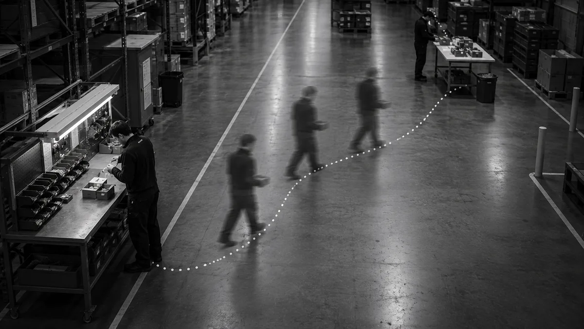 Employee at an assembly bench with a dotted line showing the walking route to a table further away
