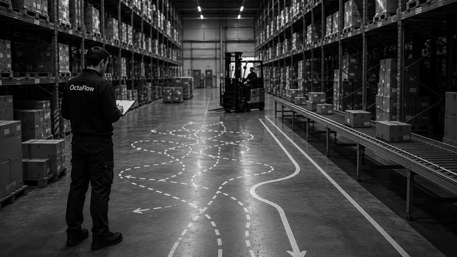 Overzicht van een magazijninrichting met stellingen en looppaden