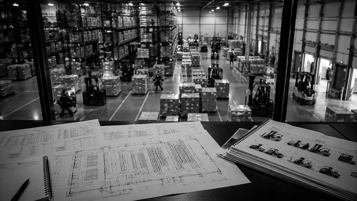 Stack of quotations and specifications for material handling equipment on a desk