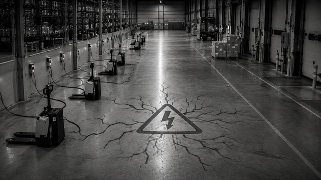 Elektrische pallettrucks die opladen langs de wand van een warehouse met een symbool van netcongestie op de vloer