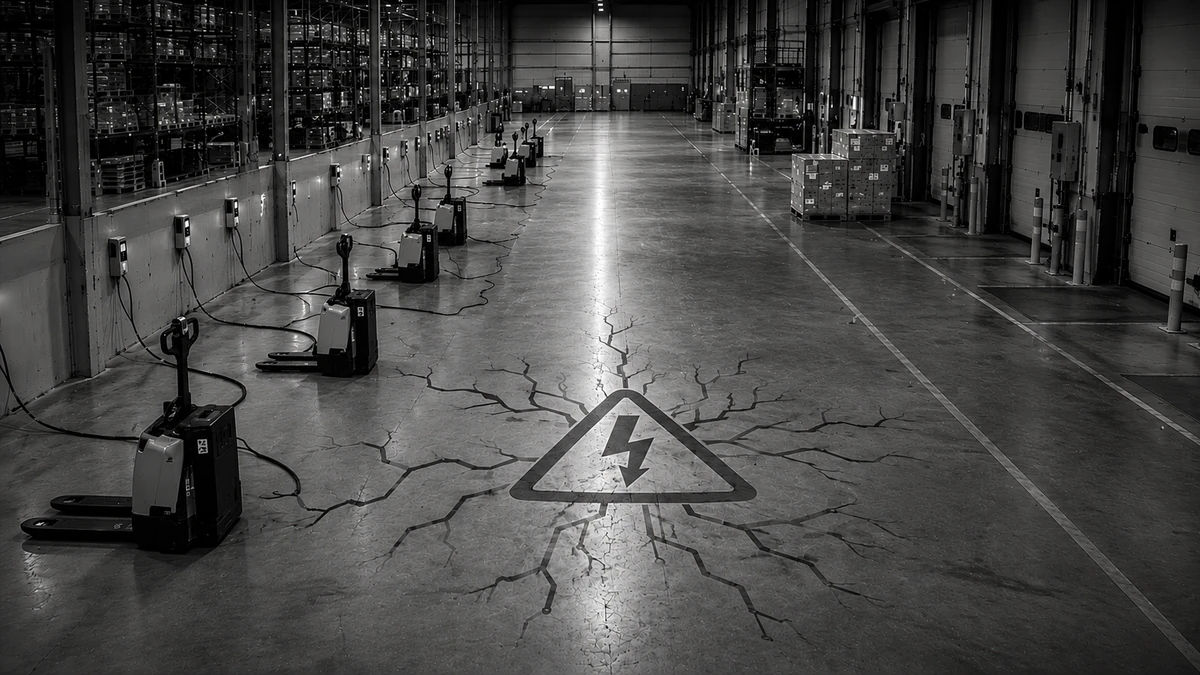 Elektrische pallettrucks die opladen langs de wand van een warehouse met een symbool van netcongestie op de vloer