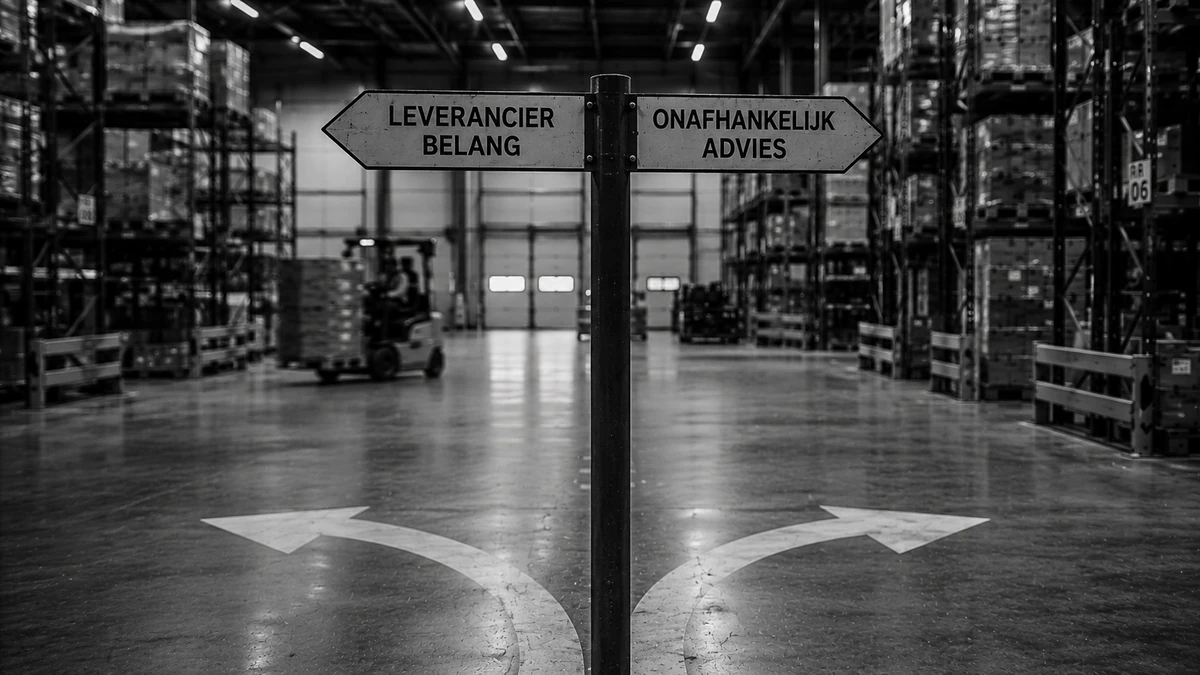 Signpost in a warehouse showing the choice between supplier interest and independent advice