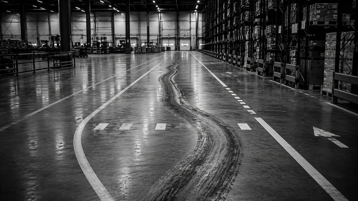 Warehouse employee at work next to a written work instruction