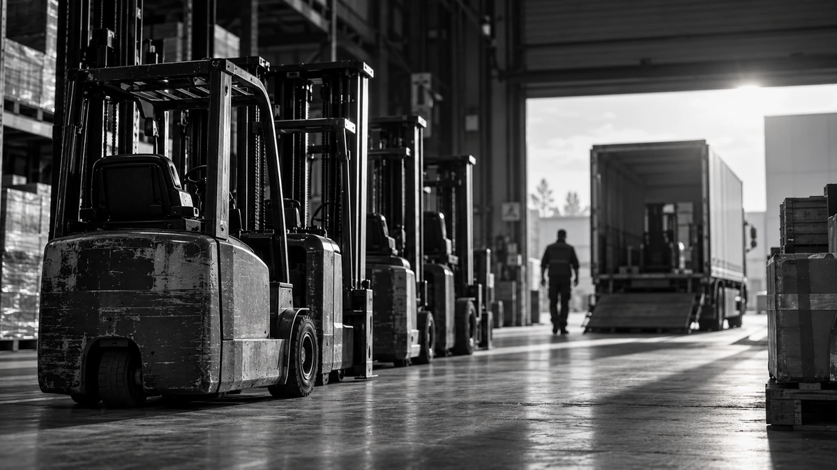 Rij gebruikte heftrucks in een warehouse, met op de achtergrond een vrachtwagen die wordt geladen