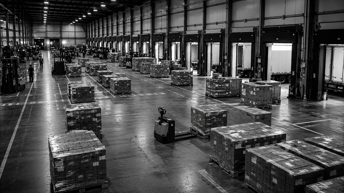 Electric pallet truck driving through a loading and unloading zone