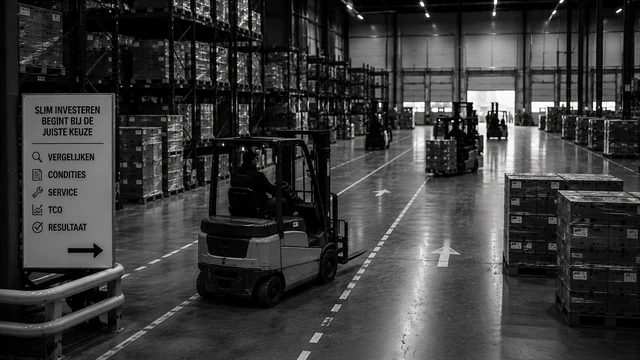 Informatiebord over slim investeren in MHE naast heftrucks in een warehouse