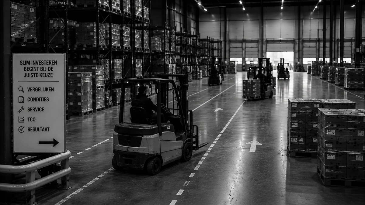 Heftrucks in een warehouse met een informatiebord over slimme MHE-investeringen