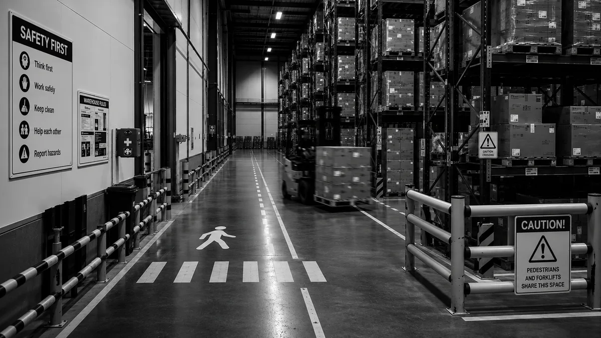 Marked pedestrian walkway next to forklift traffic in a warehouse
