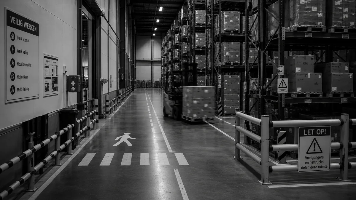 Gemarkeerde looproute voor voetgangers naast heftruckverkeer in een warehouse