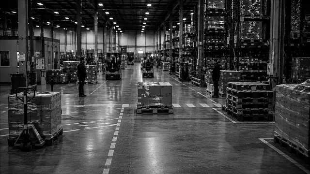 Employee searching for a pallet between racking in a warehouse