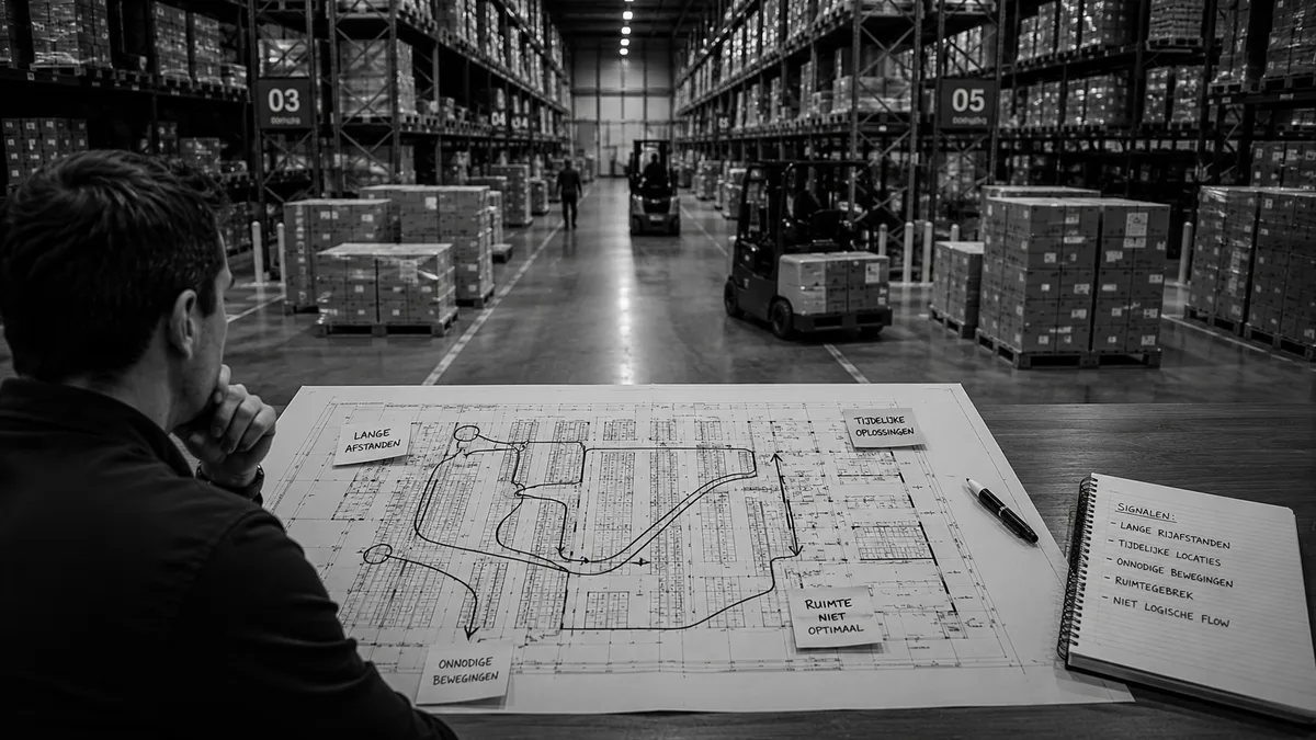 Person studying a warehouse floor plan annotated with notes on long distances and unnecessary movements