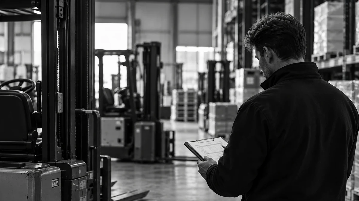 Adviseur met een klembord met vlootgegevens tussen de heftrucks in een warehouse