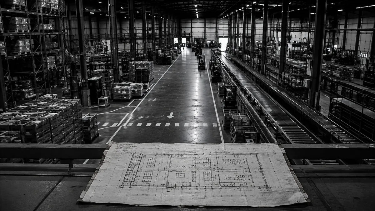 Overview of a warehouse layout with racking and goods flows