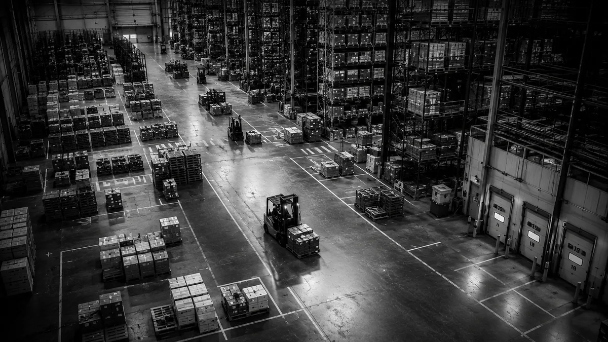 Elevated overview of a warehouse with a forklift in the central aisle