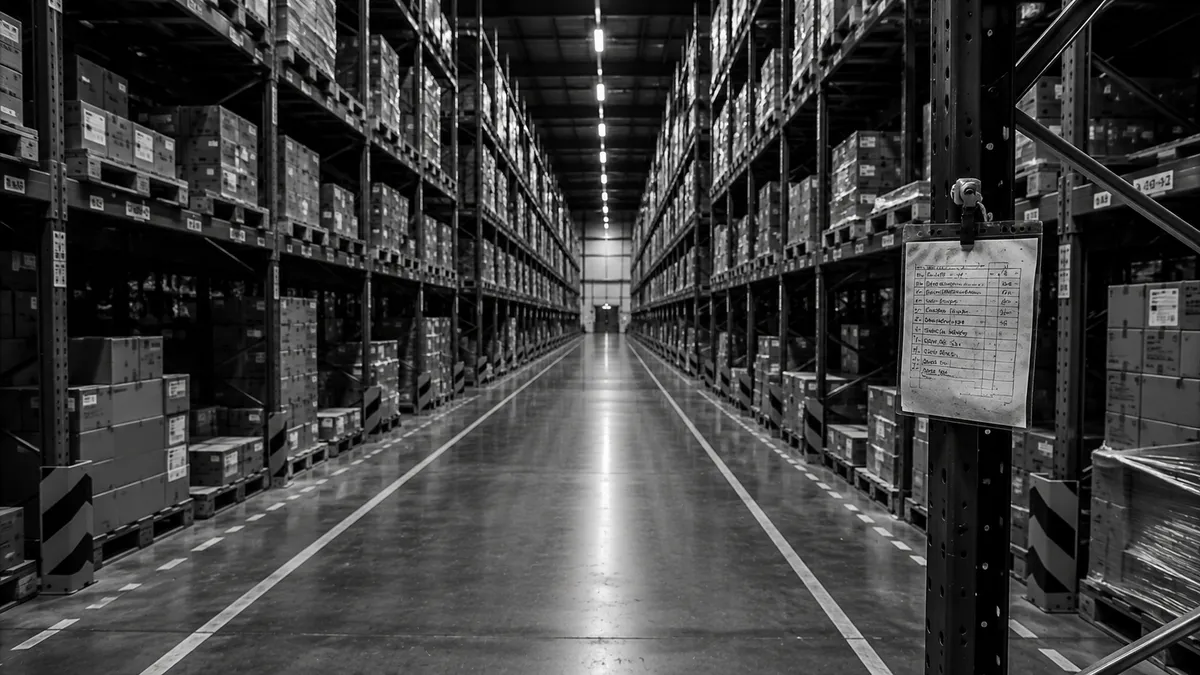 Werkplek in een warehouse met laptop, lijstjes en notities