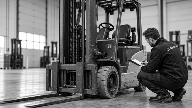 Adviseur van OctaFlow beoordeelt een gebruikte heftruck en maakt aantekeningen op een klembord