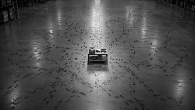 Work table in the middle of a warehouse, surrounded by countless footprints on the floor