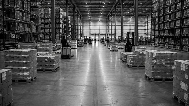 Ruim opgezet modern distributiecentrum met hoge stellingen en een brede middengang