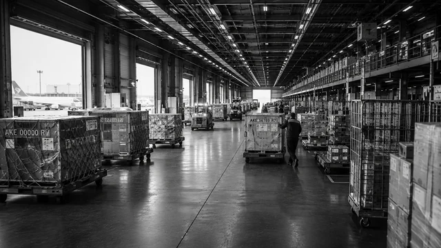 Luchtvrachtloods met vrachtcontainers op rolbanen en een medewerker die een pallet verplaatst