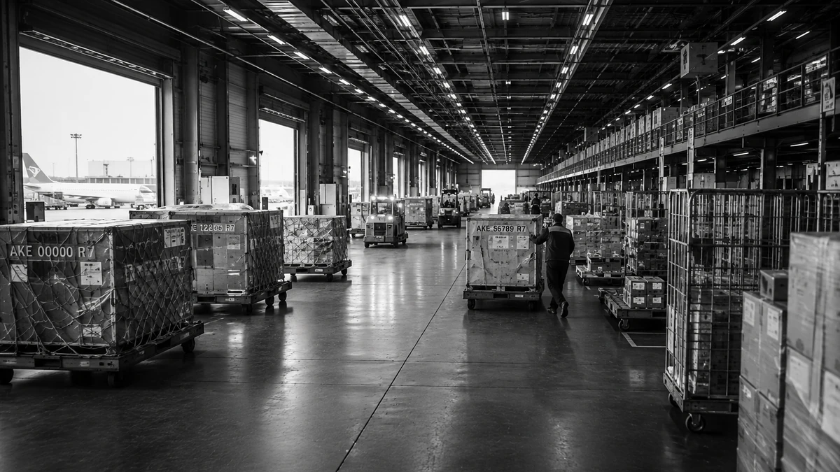 Luchtvrachtloods met vrachtcontainers op rolbanen en een medewerker die een pallet verplaatst