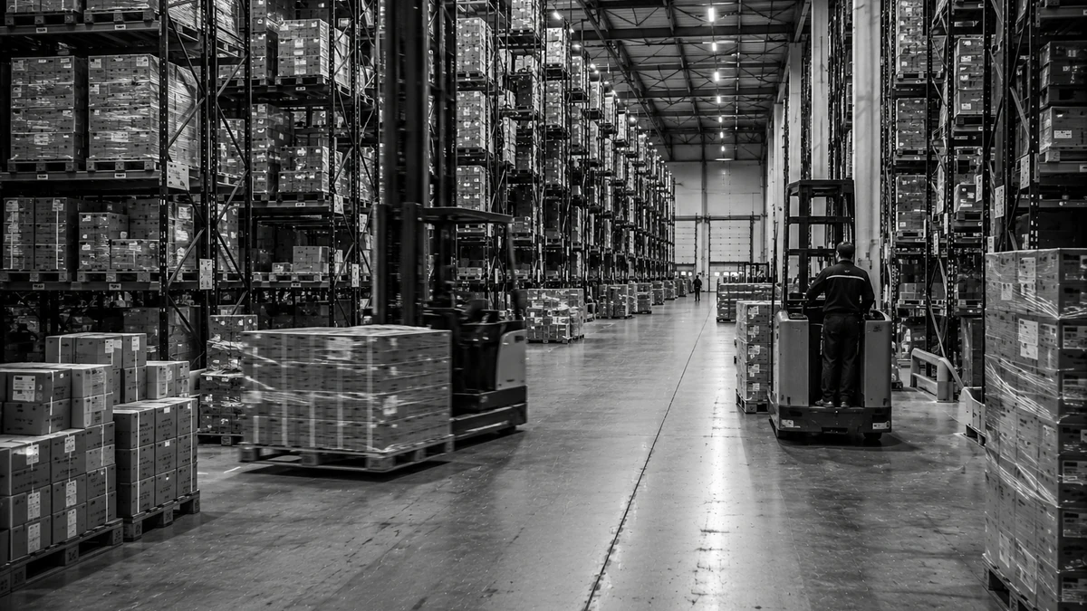 Bestaand distributiecentrum met volle stellingen tot aan het dak en een smal werkgangpad